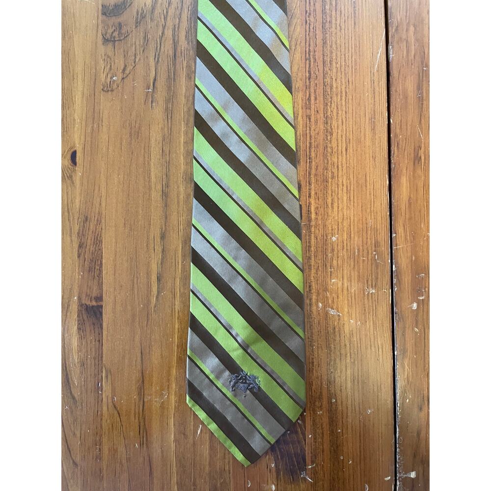 Alessandro Originals All Silk Neck Tie Green Brown Diagonal Stripes RN 16484